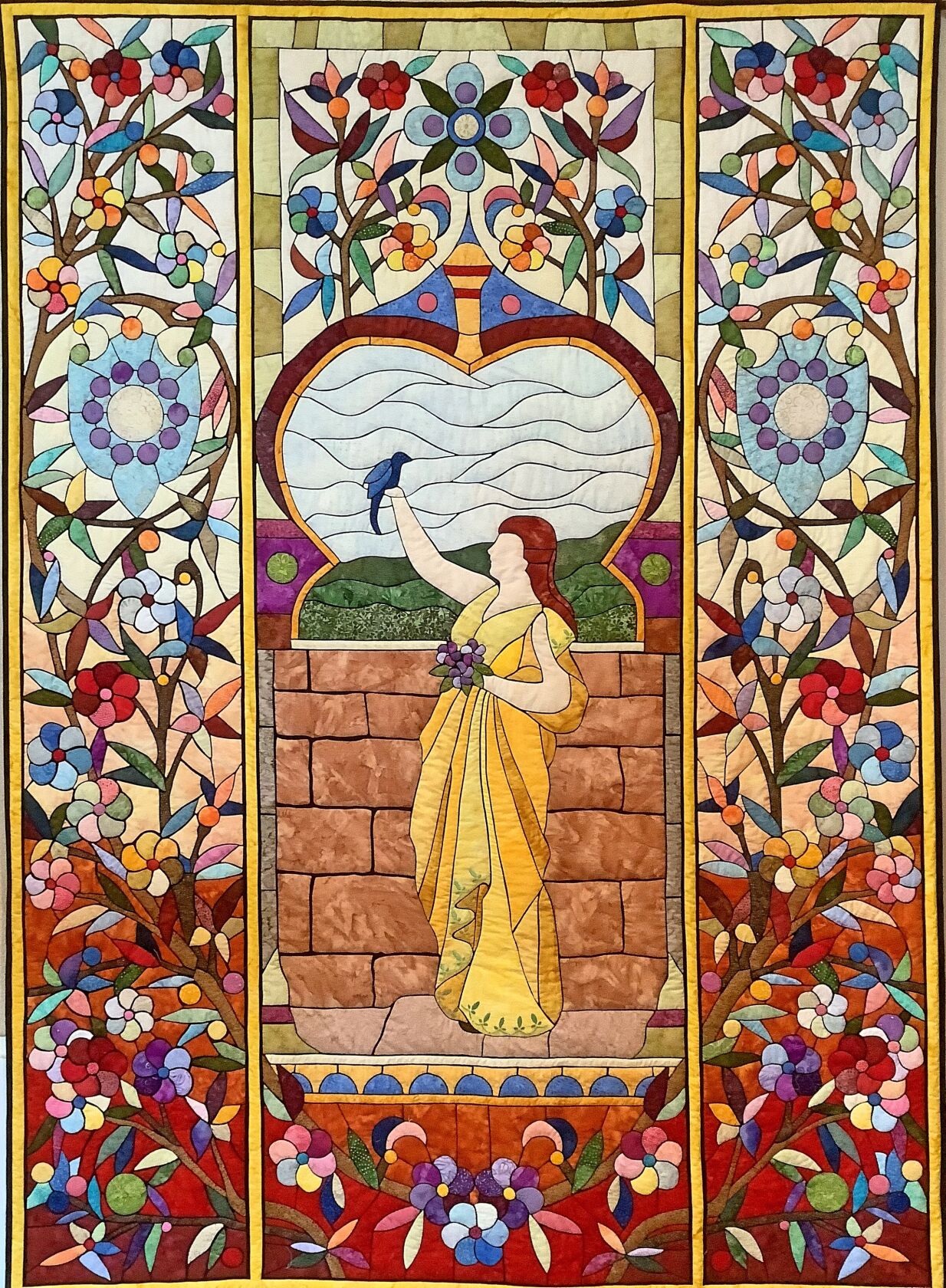 2. The original 1890s stained glass window found in her grandparents’ home, the Golden Gate Villa, inspired Sue to create a quilt of the image. Photo courtesy of Sue Green..jpg